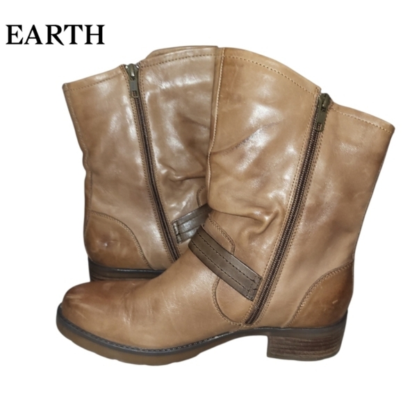 EARTH Brand Leather Talus Almond Brown Biker Moto Cycle Ankle Boot Women 9.5 - Picture 3 of 11